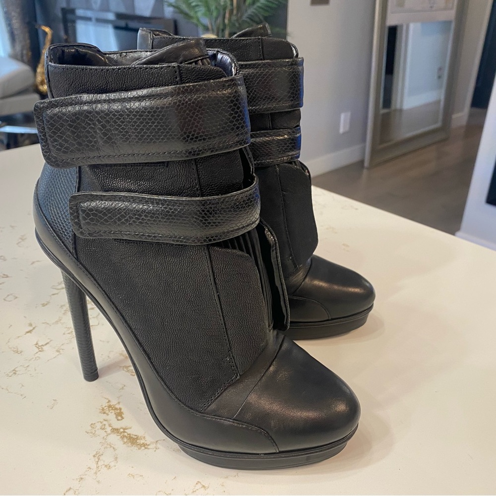 BCBGMaxAzria Black Leather Ankle Booties with Strap Detail